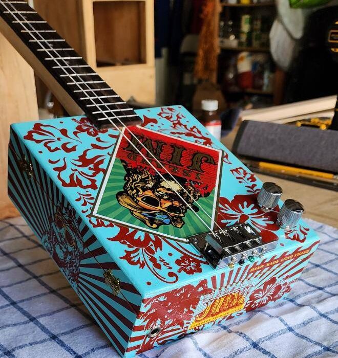 blue cigar box guitar